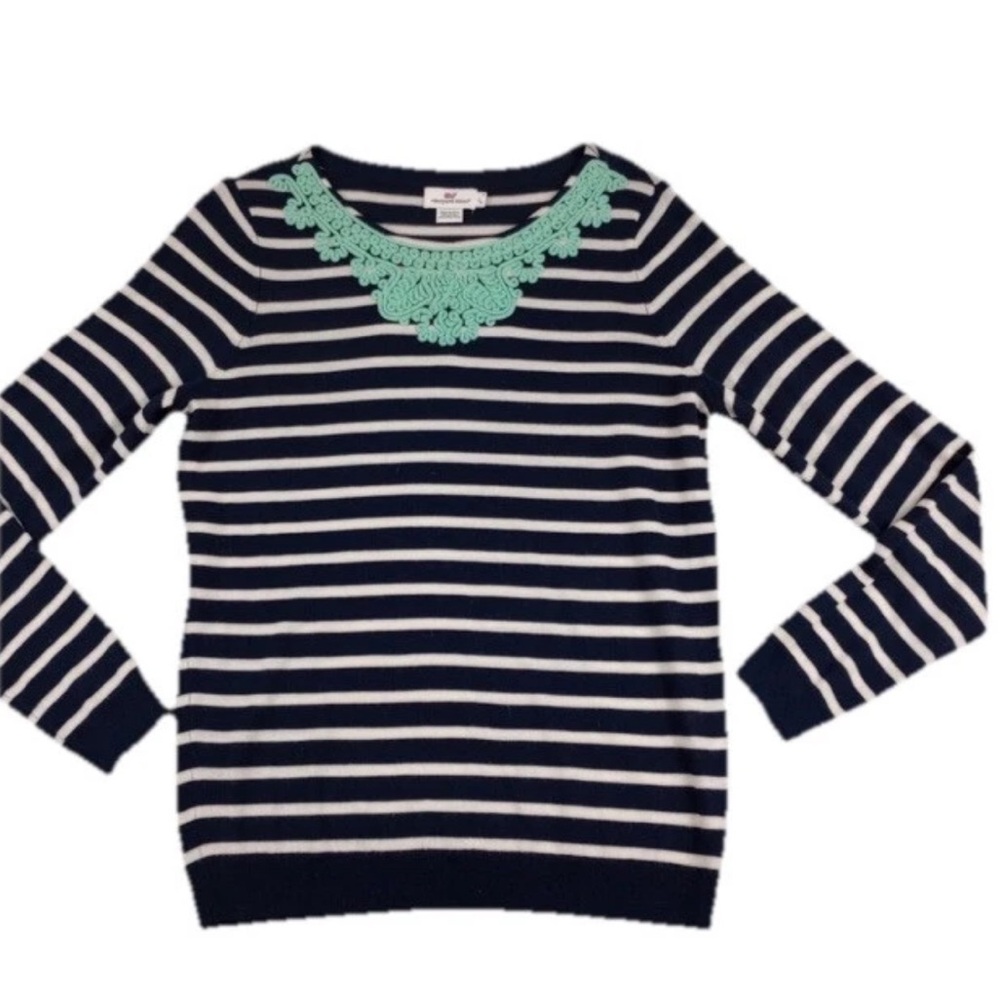 Women's Vineyard Vines Merino Wool Navy White Striped Sweater Embroidered M N61